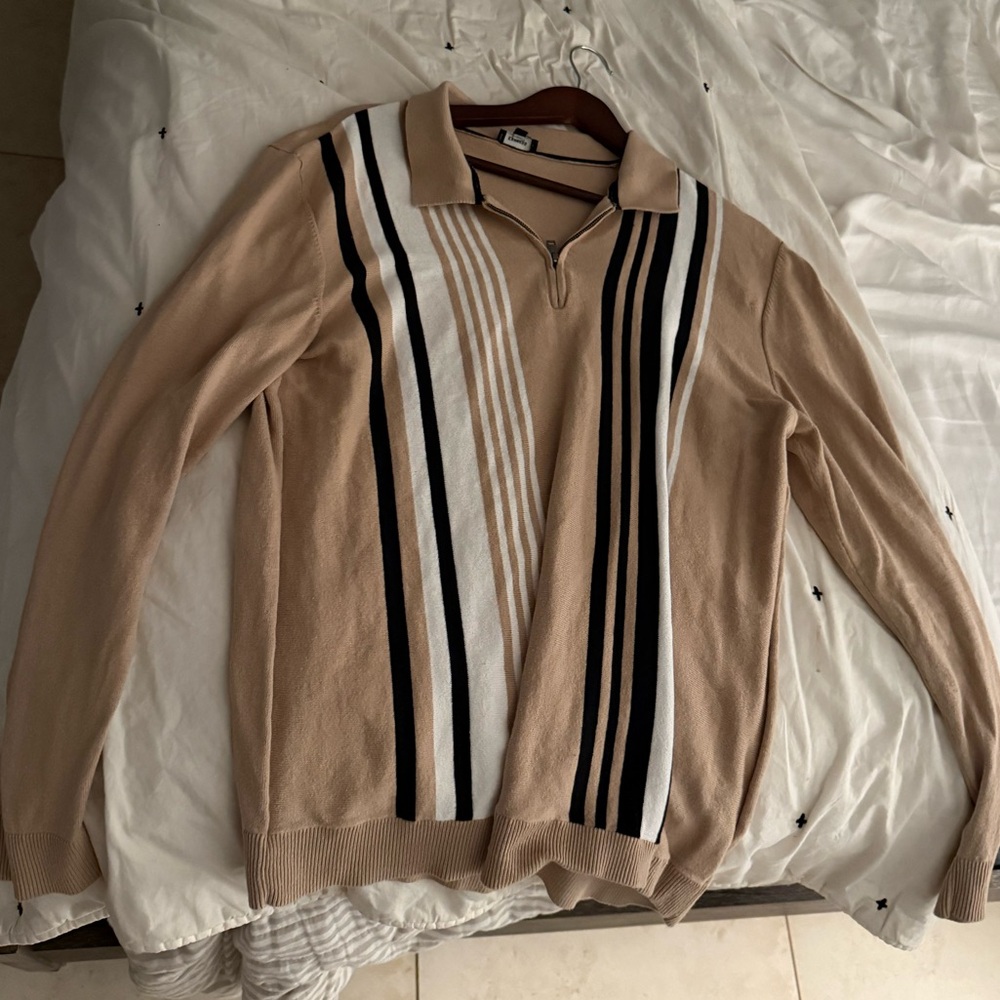 Express Tan and Black Zip Up Sweater with Sporty Stripes